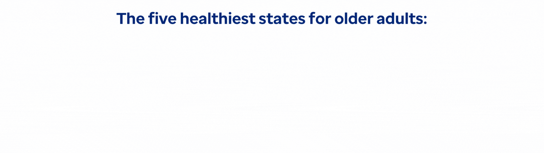 The five healthiest states for older adults are Vermont, Colorado, Washington, Utah and Connecticut.